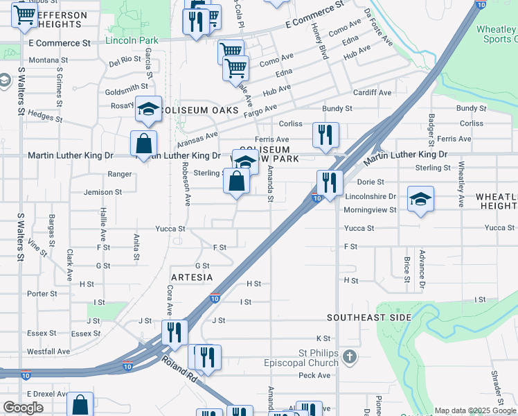 map of restaurants, bars, coffee shops, grocery stores, and more near 227 Morningview Drive in San Antonio
