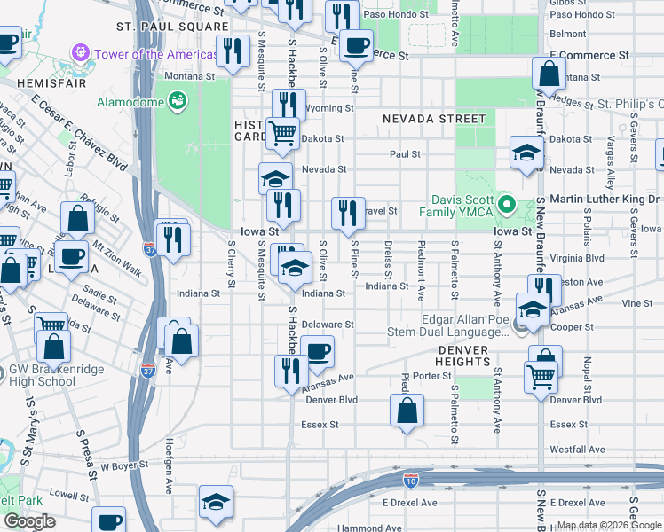 map of restaurants, bars, coffee shops, grocery stores, and more near 628 Virginia Boulevard in San Antonio