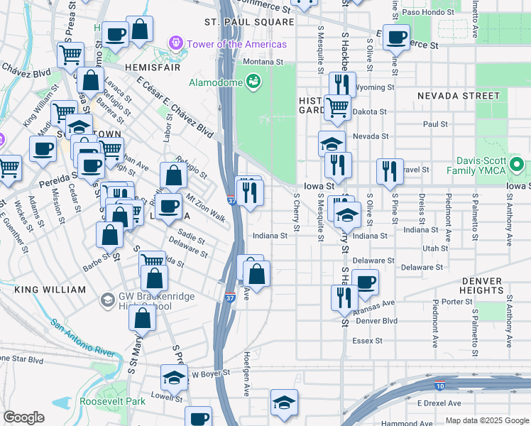 map of restaurants, bars, coffee shops, grocery stores, and more near 224 Virginia Boulevard in San Antonio
