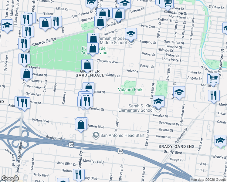 map of restaurants, bars, coffee shops, grocery stores, and more near 1323 Merida Street in San Antonio