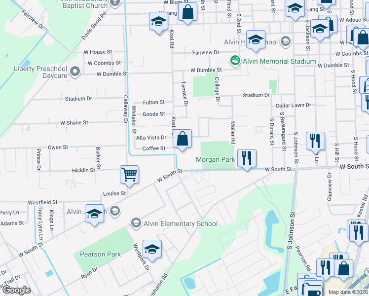 map of restaurants, bars, coffee shops, grocery stores, and more near 1611 Casa Court in Alvin