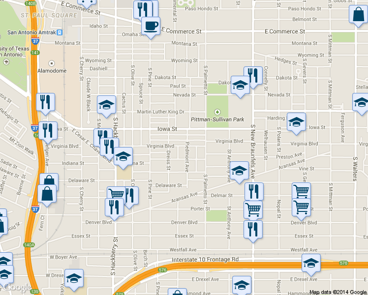 map of restaurants, bars, coffee shops, grocery stores, and more near 926 Virginia Boulevard in San Antonio