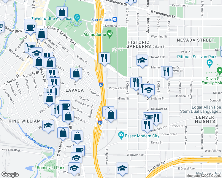 map of restaurants, bars, coffee shops, grocery stores, and more near 224 Virginia Boulevard in San Antonio