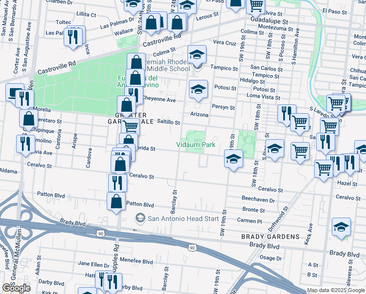 map of restaurants, bars, coffee shops, grocery stores, and more near 1050 Barclay Street in San Antonio