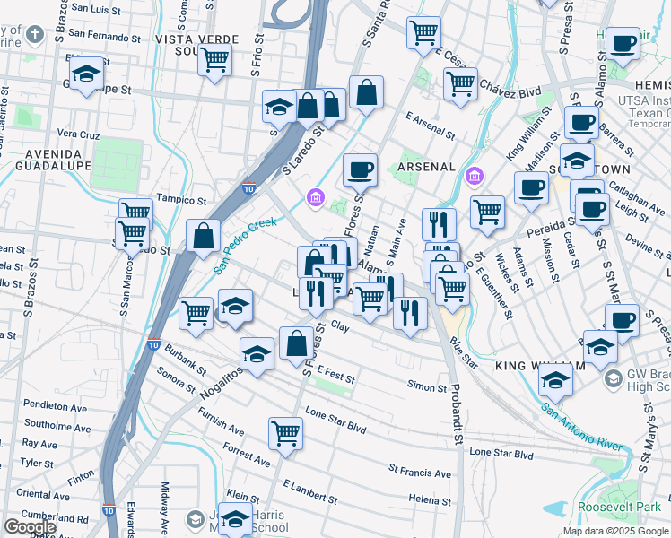 map of restaurants, bars, coffee shops, grocery stores, and more near 1339 South Flores Street in San Antonio