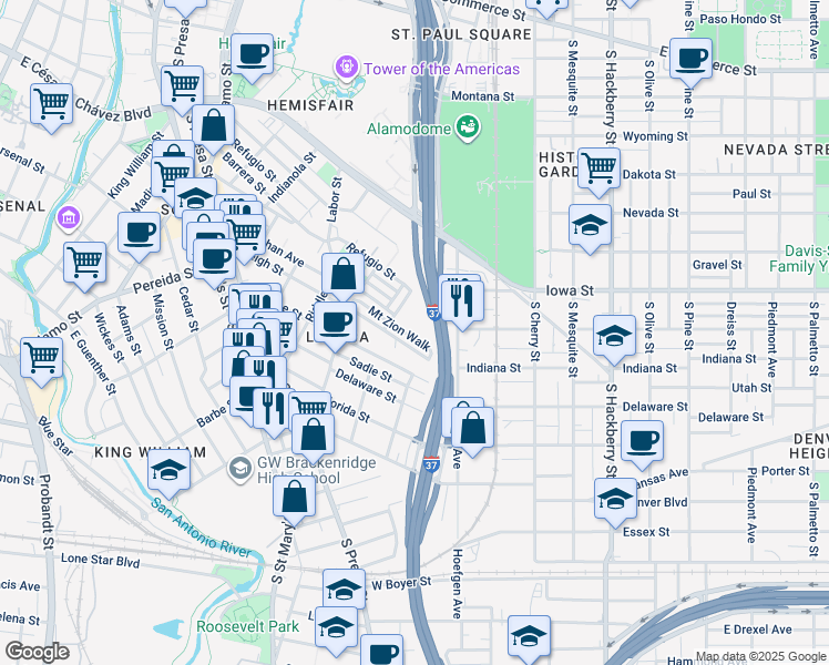 map of restaurants, bars, coffee shops, grocery stores, and more near 629 Mount Zion Walk in San Antonio