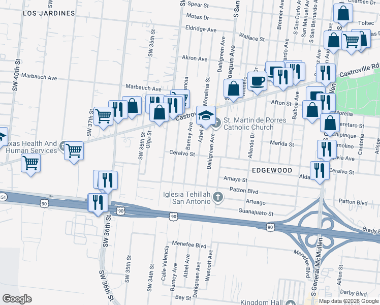 map of restaurants, bars, coffee shops, grocery stores, and more near 1830 Barney Avenue in San Antonio