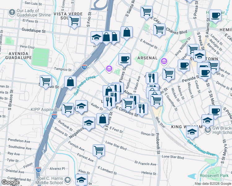 map of restaurants, bars, coffee shops, grocery stores, and more near 1332 South Flores Street in San Antonio