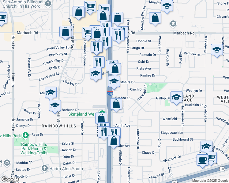 map of restaurants, bars, coffee shops, grocery stores, and more near 8138 Westshire Drive in San Antonio