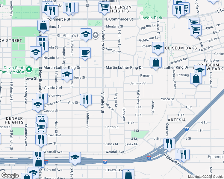 map of restaurants, bars, coffee shops, grocery stores, and more near 2130 Virginia Boulevard in San Antonio