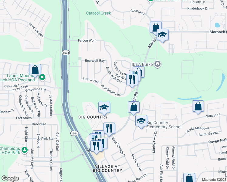 map of restaurants, bars, coffee shops, grocery stores, and more near 10719 Ranchland Fox in San Antonio
