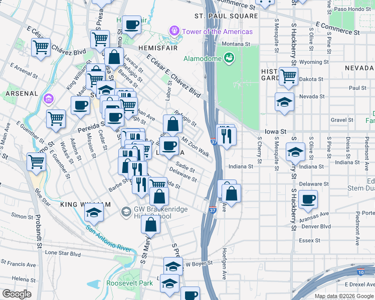 map of restaurants, bars, coffee shops, grocery stores, and more near 538 Leigh Street in San Antonio