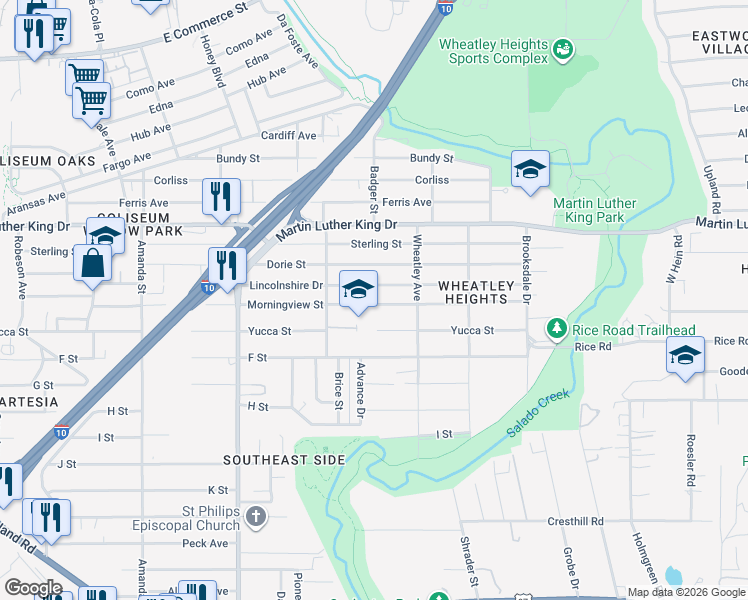 map of restaurants, bars, coffee shops, grocery stores, and more near 547 Morningview Drive in San Antonio
