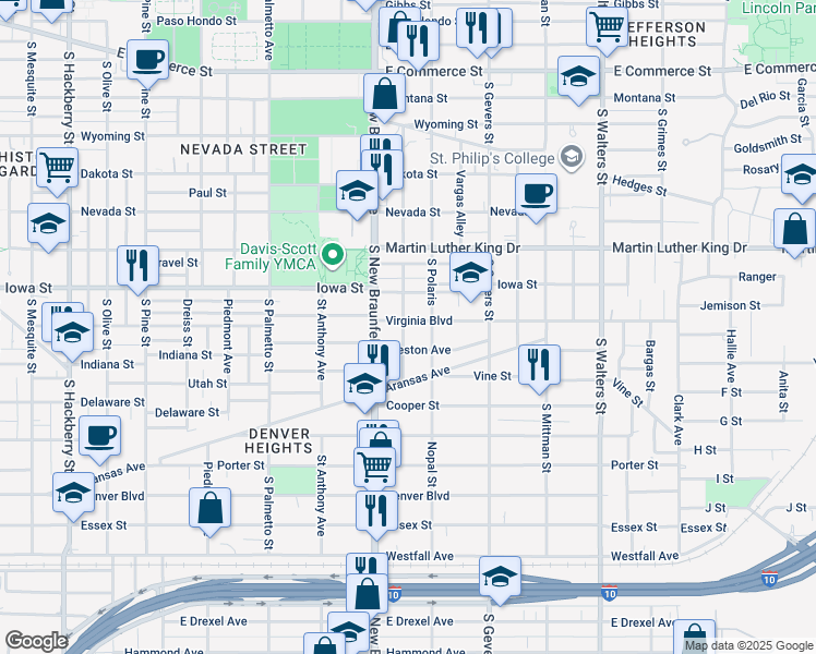 map of restaurants, bars, coffee shops, grocery stores, and more near 1404 Virginia Boulevard in San Antonio