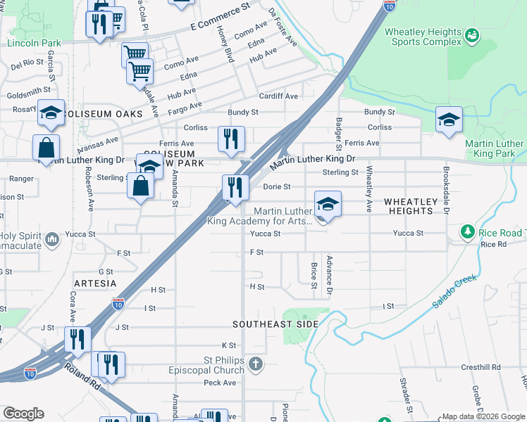 map of restaurants, bars, coffee shops, grocery stores, and more near 431 Morningview Drive in San Antonio