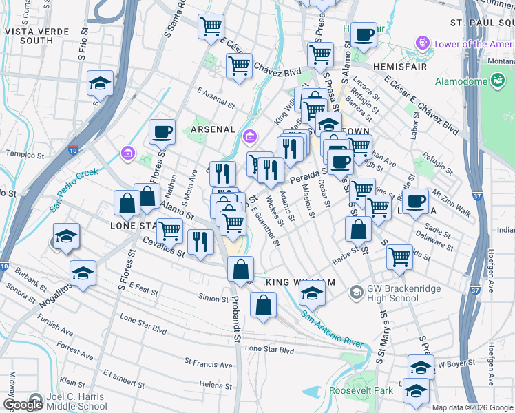 map of restaurants, bars, coffee shops, grocery stores, and more near 400 East Guenther Street in San Antonio