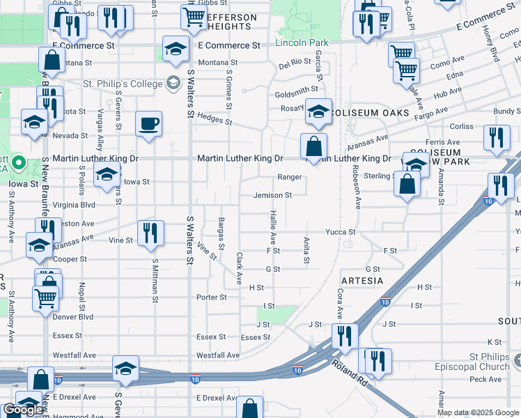 map of restaurants, bars, coffee shops, grocery stores, and more near 132 Sidney Street in San Antonio