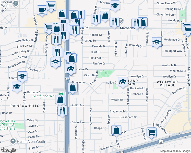 map of restaurants, bars, coffee shops, grocery stores, and more near 7918 Cinch Drive in San Antonio
