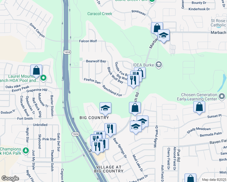 map of restaurants, bars, coffee shops, grocery stores, and more near 10723 Ranchland Fox in San Antonio