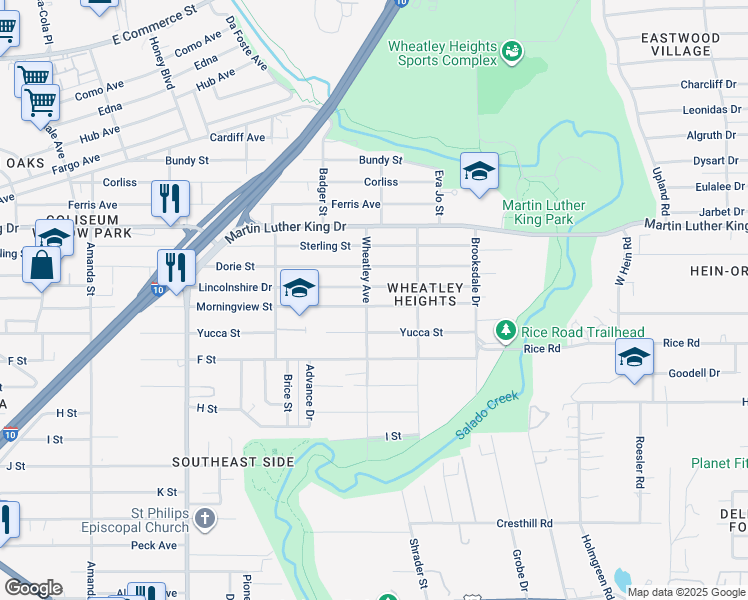 map of restaurants, bars, coffee shops, grocery stores, and more near 624 Morningview Drive in San Antonio