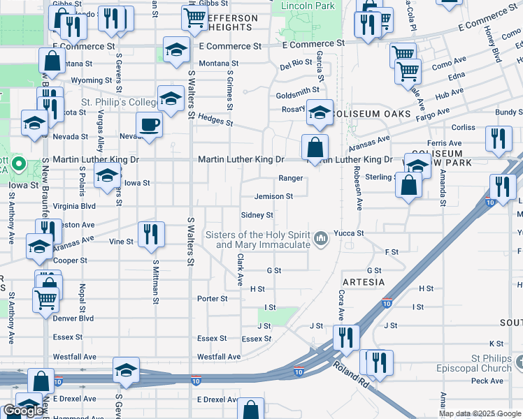 map of restaurants, bars, coffee shops, grocery stores, and more near 128 Sidney Street in San Antonio