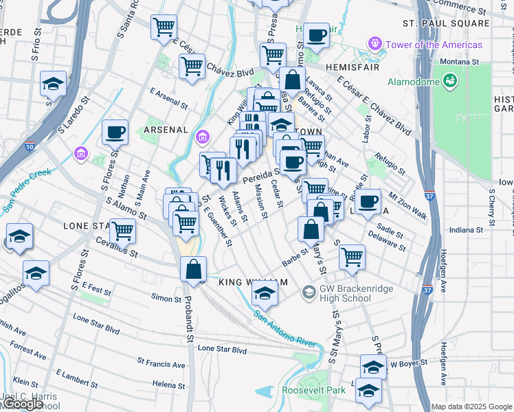 map of restaurants, bars, coffee shops, grocery stores, and more near 206 Adams Street in San Antonio