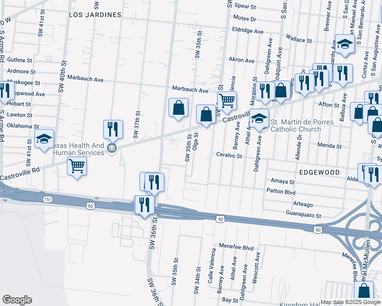 map of restaurants, bars, coffee shops, grocery stores, and more near 1067 Southwest 35th Street in San Antonio