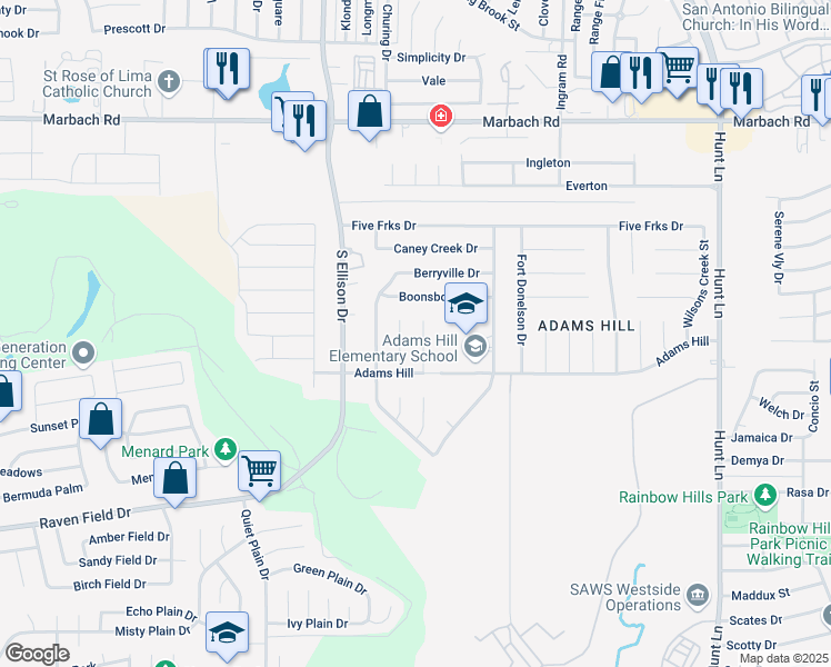 map of restaurants, bars, coffee shops, grocery stores, and more near 2118 Cedar Run Drive in San Antonio