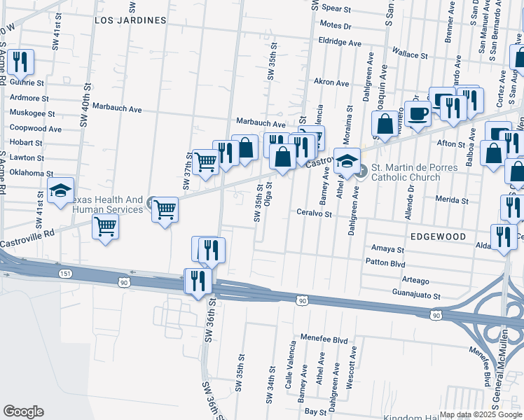 map of restaurants, bars, coffee shops, grocery stores, and more near 1067 Southwest 35th Street in San Antonio