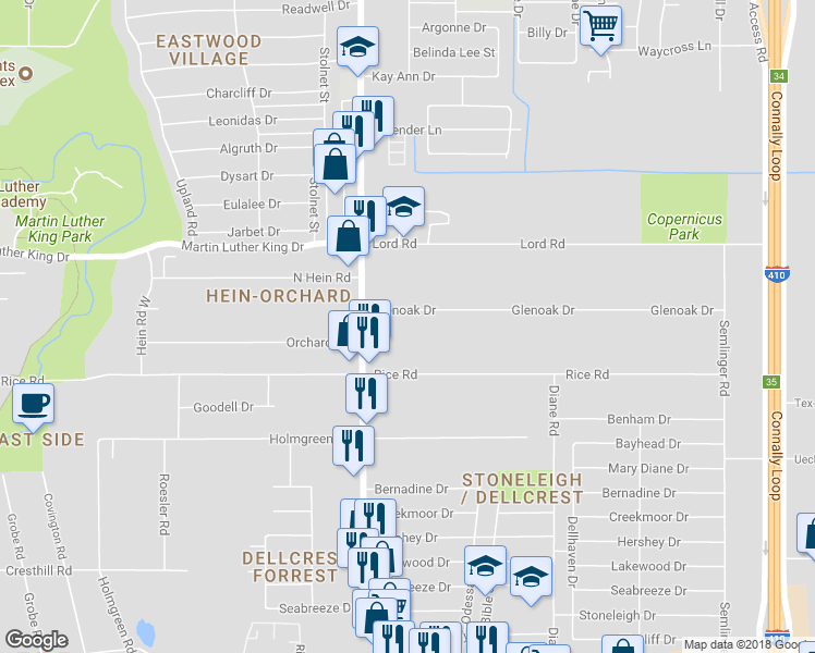 map of restaurants, bars, coffee shops, grocery stores, and more near 134 Glenoak Drive in San Antonio