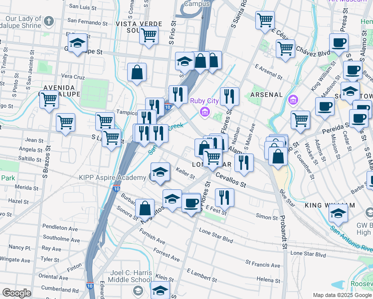 map of restaurants, bars, coffee shops, grocery stores, and more near 210 Marty Street in San Antonio