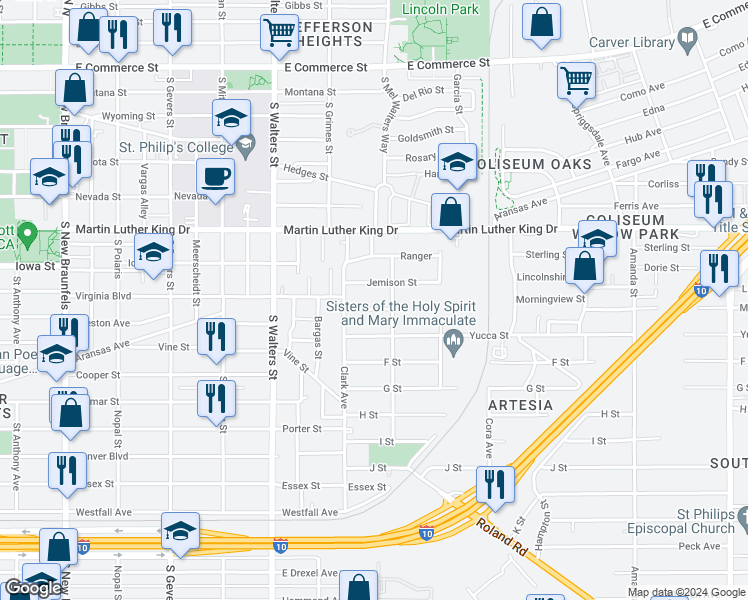 map of restaurants, bars, coffee shops, grocery stores, and more near 128 Sidney Street in San Antonio