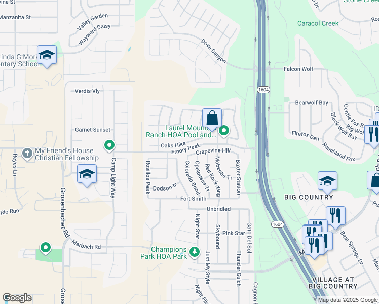 map of restaurants, bars, coffee shops, grocery stores, and more near 2103 Colorado Bend in San Antonio