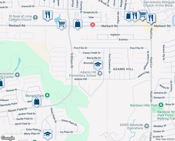 map of restaurants, bars, coffee shops, grocery stores, and more near 2118 Cedar Run Drive in San Antonio
