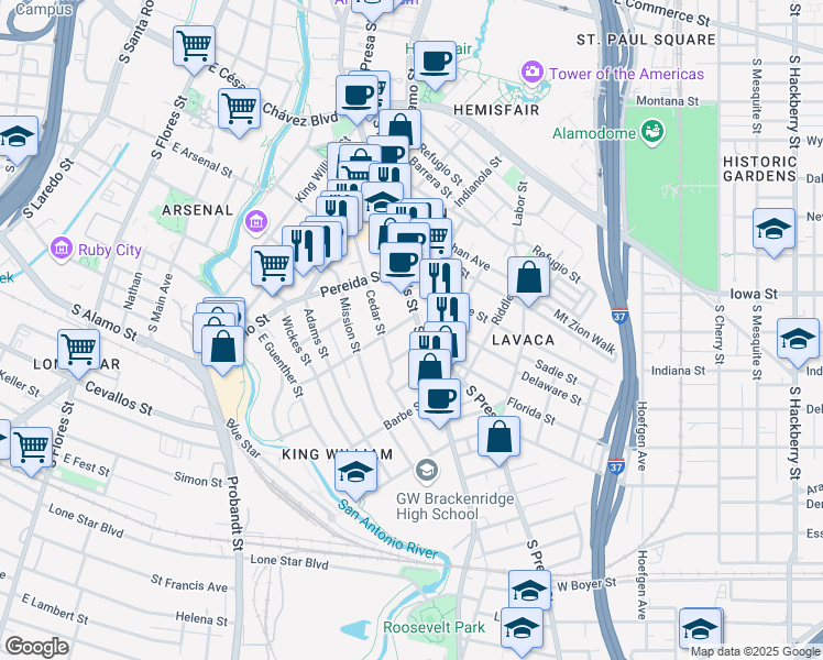 map of restaurants, bars, coffee shops, grocery stores, and more near 119 Fir Street in San Antonio