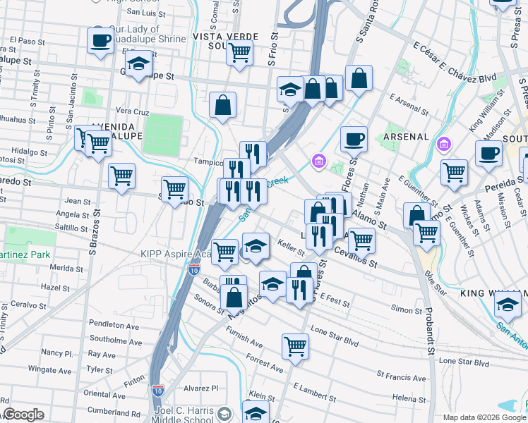 map of restaurants, bars, coffee shops, grocery stores, and more near 333 West Cevallos in San Antonio