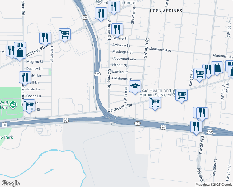 map of restaurants, bars, coffee shops, grocery stores, and more near 1118 South Acme Road in San Antonio