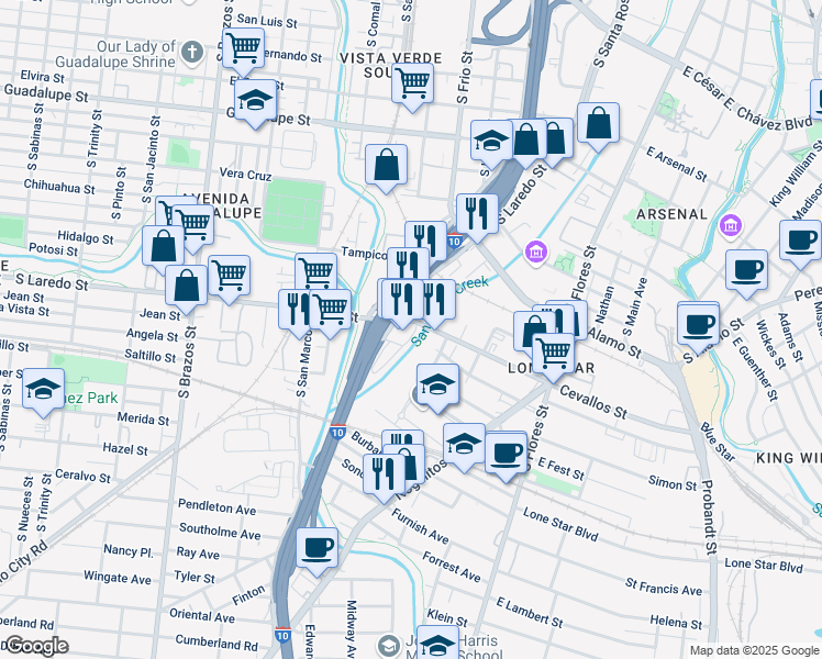 map of restaurants, bars, coffee shops, grocery stores, and more near 514 West Cevallos in San Antonio