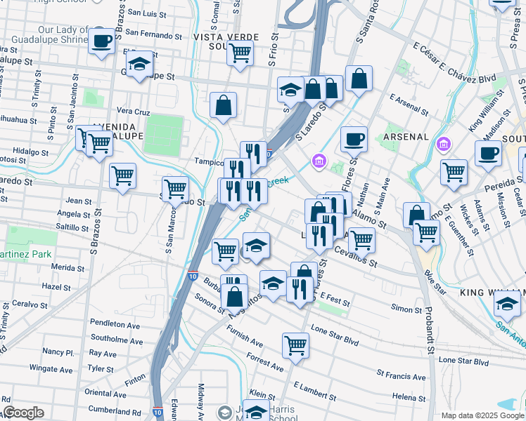 map of restaurants, bars, coffee shops, grocery stores, and more near 323 West Cevallos in San Antonio