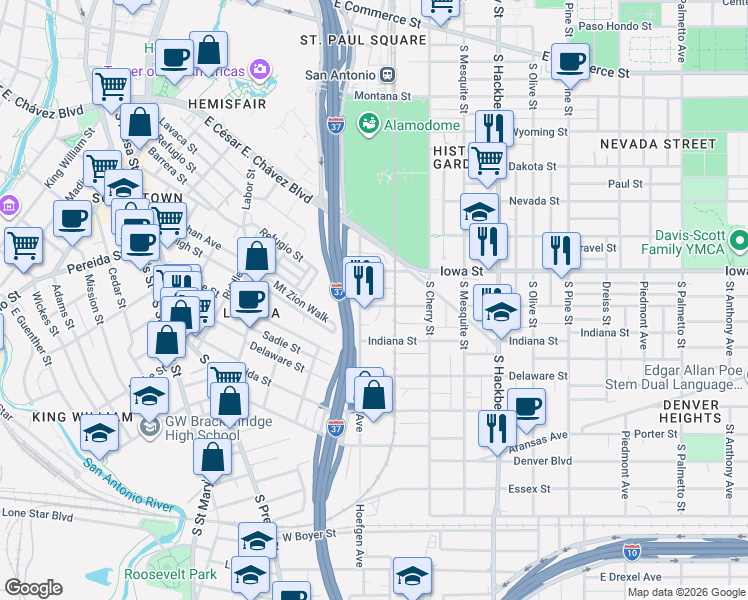 map of restaurants, bars, coffee shops, grocery stores, and more near 224 Virginia Boulevard in San Antonio