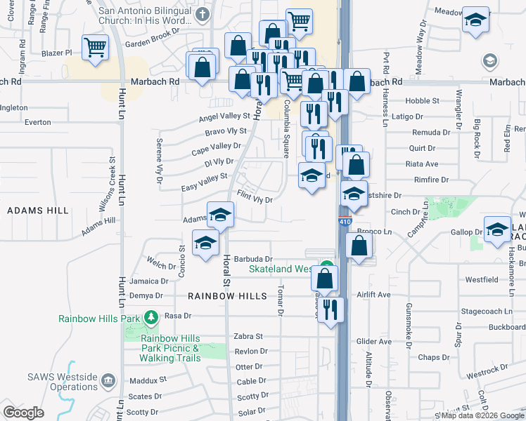 map of restaurants, bars, coffee shops, grocery stores, and more near 2130 Mossy Ridge in San Antonio