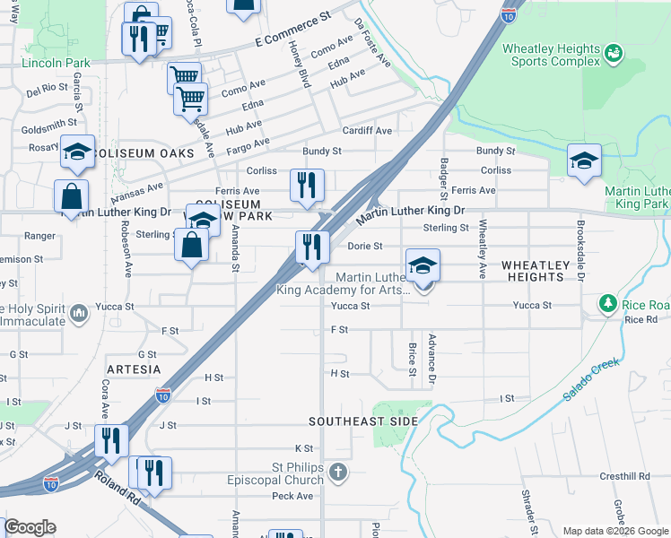 map of restaurants, bars, coffee shops, grocery stores, and more near 431 Morningview Drive in San Antonio