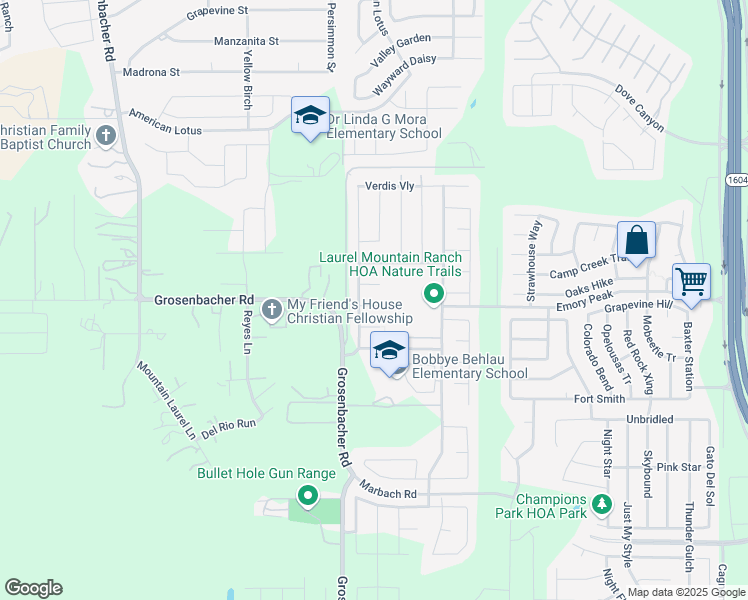 map of restaurants, bars, coffee shops, grocery stores, and more near 11711 Clamoun Circle in San Antonio