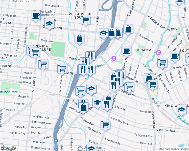 map of restaurants, bars, coffee shops, grocery stores, and more near 323 West Cevallos in San Antonio