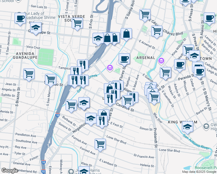 map of restaurants, bars, coffee shops, grocery stores, and more near 1401 South Flores Street in San Antonio
