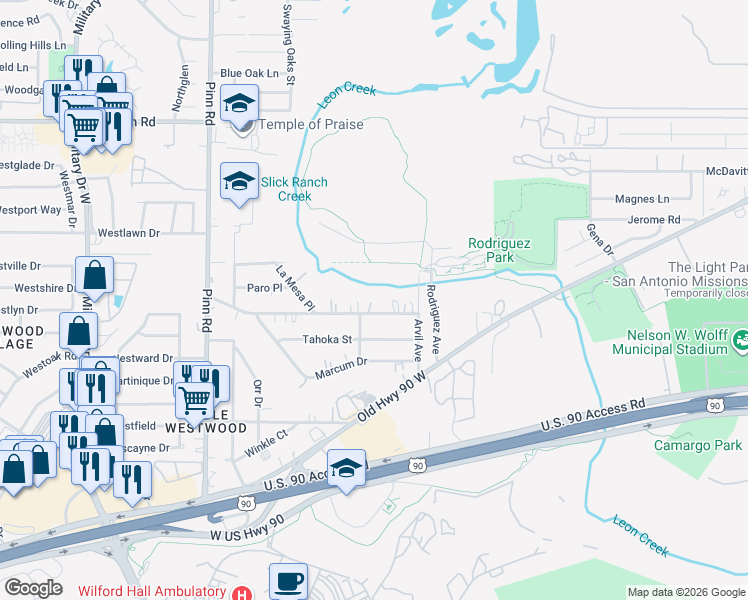 map of restaurants, bars, coffee shops, grocery stores, and more near 6502 Elmer Boulevard in San Antonio