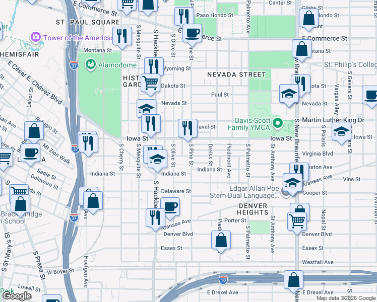 map of restaurants, bars, coffee shops, grocery stores, and more near 724 Virginia Boulevard in San Antonio