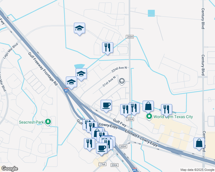 map of restaurants, bars, coffee shops, grocery stores, and more near 11119 30th Avenue North in Texas City