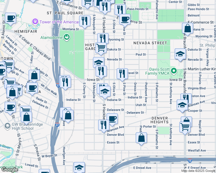 map of restaurants, bars, coffee shops, grocery stores, and more near 628 Virginia Boulevard in San Antonio