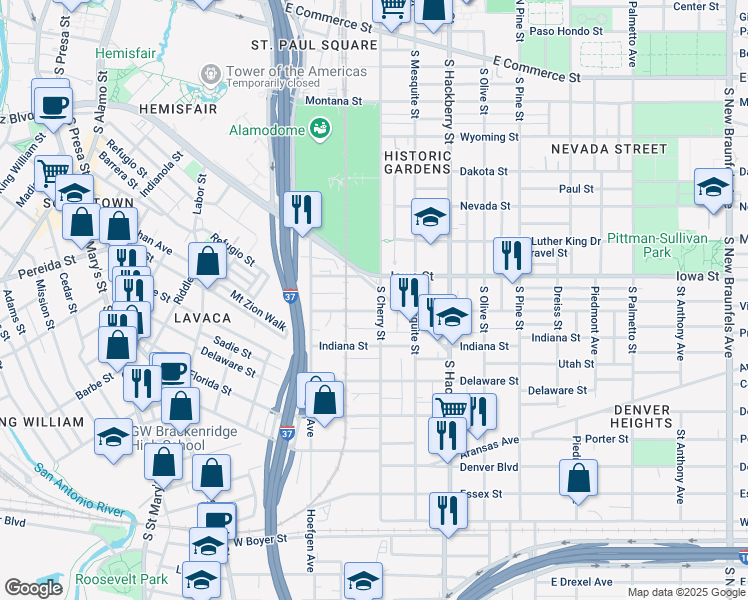 map of restaurants, bars, coffee shops, grocery stores, and more near 328 Virginia Boulevard in San Antonio
